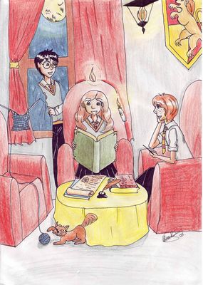 sala comuna
Harry, Hermione i Ron a la sala comuna. El malifet tambe esta per ahi i com el seu nom indica sta mal-fet, q dolent '
